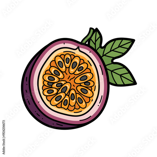 Vibrant halved passion fruit with orange pulp and black seeds Isolated transparent background include cut-out PNG file
