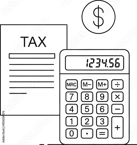 Minimalist line art illustration depicting a tax form, a calculator displaying financial figures, and a dollar sign, representing accounting, budgeting, and tax preparation processes.