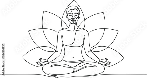 Continuous line art drawing of a person sitting in the peaceful lotus yoga position, meditating for mental wellness and spiritual balance, embodying mindfulness and tranquility.