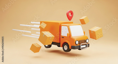 3D illustration of an orange delivery truck speeding with motion lines. Flying packages surround it, and a red location pin hovers above, symbolizing fast shipping.