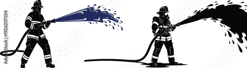 Two firefighters spraying water and a blue liquid