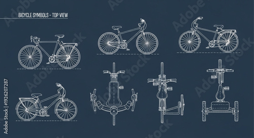 Detailed illustration of various bicycles and transportation vehicles in a technical drawing style.
