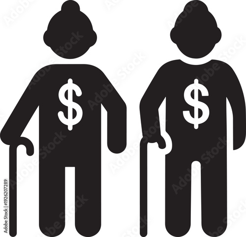 Two silhouette icons of elderly people with canes, each with a dollar sign on their chest, representing financial security and retirement planning.