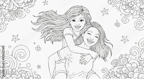 Coloring page for children - a teenage girl carries a laughing friend on her back, exuding playful energy