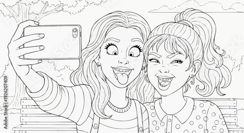 Coloring page for children - two friends taking photos on their phones and making silly faces in a park