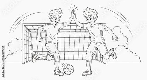 Coloring page for children - two teenagers kick a soccer ball and celebrate a goal by high-fiving each other