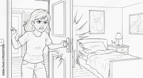 Coloring page for children - an angry girl entering a room with displeasure