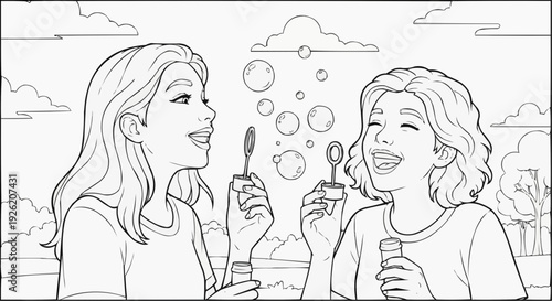 Coloring page for children - two happy young women blowing bubbles on a sunny street