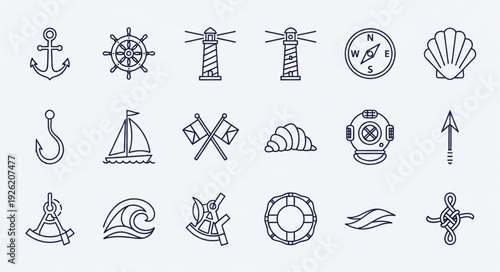 Collection of nautical and marine themed line art icons for design elements.