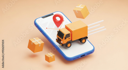 3D illustration shows a smartphone with a map on its screen and a red location pin. An orange delivery truck and packages appear to be emerging from the phone, symbolizing online shopping and delive