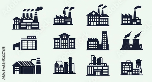 Collection of various industrial factory buildings with smokestacks and chimneys, silhouette style.