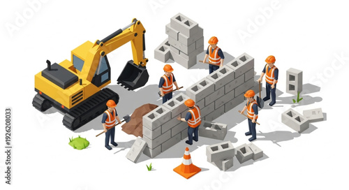 Construction Workers Building Wall with Excavator.