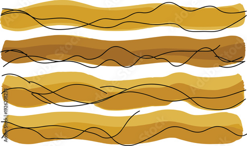 Abstract wavy lines in shades of yellow and brown, flowing horizontally across the image, creating a sense of movement and fluidity