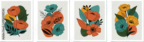 A collection of illustrations featuring stylized floral arrangements in vibrant colors and bold designs