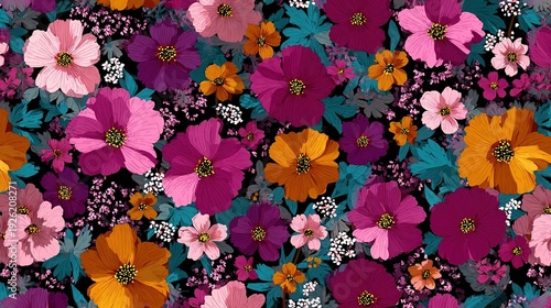A vibrant floral pattern featuring colorful flowers and lush greenery