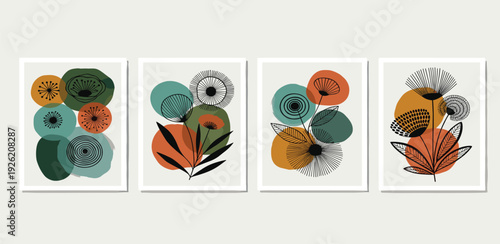 A series of four abstract illustrations featuring floral patterns and geometric shapes in various colors displayed together on a neutral background from a straightforward viewpoint.