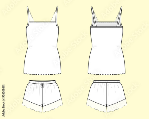 Women's Minimalist Lace-Trimmed Camisole Top and Shorts Sleepwear Set Fashion Technical Flat Sketch Template