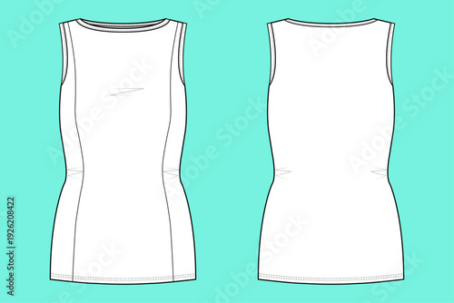 Women's Panel-Seamed Boatneck Sleeveless Tunic Top Technical Fashion Flat Sketch CAD Mockup