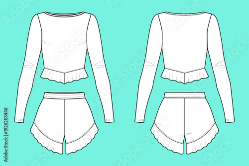Women's Ruffle-Hem Long Sleeve Crop Top and Flared Short Sleepwear Set Flat Sketch Vector CAD Mockup Template