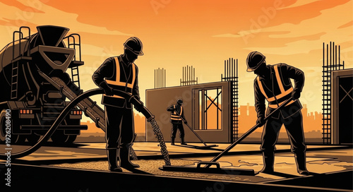 Construction Workers Pouring Concrete at Sunset.
