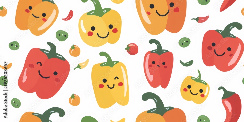 Fototapeta premium Cute smiling bell pepper characters seamless pattern