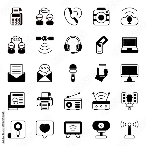 Communication icon collection Isolated on white. Containing Billing, camera, mail, message. Glyph icon style