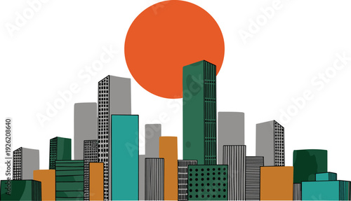 Cityscape illustration featuring modern skyscrapers and buildings under a large orange sun