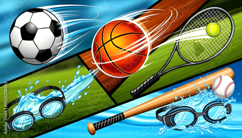 Assorted sports equipment including soccer ball, basketball, tennis racket, baseball bat, and goggles, arranged dynamically on a green field with motion blur.