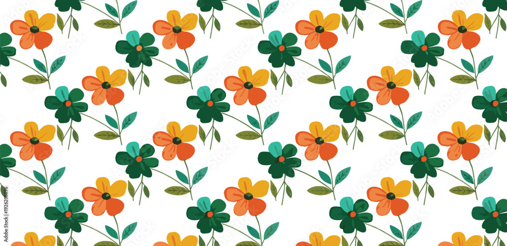 Obraz premium Vibrant floral pattern featuring orange, yellow, and green flowers in a repeating design