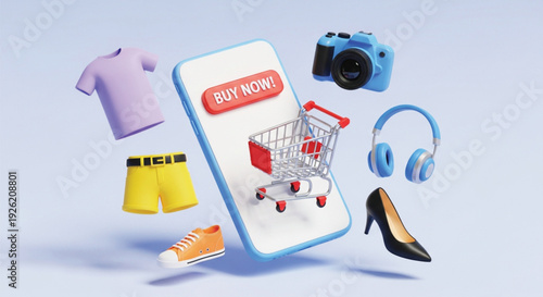 3D illustration shows a smartphone with a "Buy Now!" button. Surrounding it are items like a cart, camera, shoes, headphones, and clothes, symbolizing online shopping.