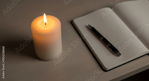 Modern spiritual intention setting space with lit candle, notebook, and pen for journaling and mindfulness