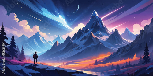 Epic Fantasy Mountain Landscape Illustration with Snowy Peak, Aurora Sky, Crescent Moon, Lone Traveler Silhouette and Glowing Valley Scenic Night Background Design.