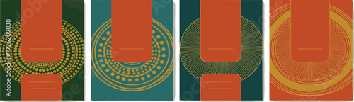 A series of abstract graphic illustrations featuring orange shapes and circular patterns on a colored background from a direct viewpoint