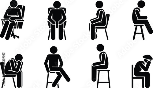 Illustration of eight people sitting on chairs in various positions