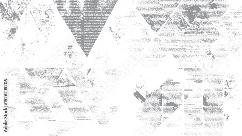 Distressed newspaper texture with abstract grey geometric shapes and scattered dots