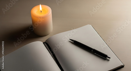 Modern spiritual intention setting space with lit candle, notebook, and pen for journaling and mindfulness