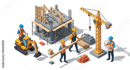 Construction Workers Building Site House.