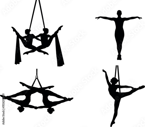 Aerial dance silhouettes illustration, acrobatics artwork design, suspended fabric performance icons, ballet pose concept, artistic movement graphic, black white athletic representation