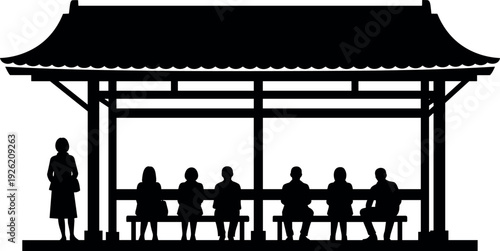 Asian pavilion bus stop silhouette, traditional architecture illustration, cultural shelter artwork, seated people icons, communal waiting area design, social interaction concept