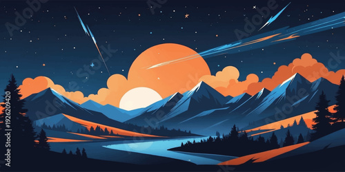 Moonrise Mountain Lake Night Illustration with Shooting Stars, Snowy Peaks, Pine Forest Silhouettes and Orange Moon Glow Scenic Nature Background Design.