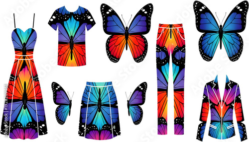 Colorful butterfly print clothing and accessories vector set