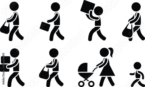 Diverse group of people engaged in various activities and carrying different objects.