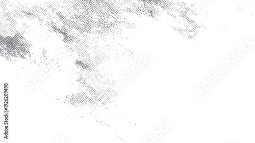 Gray halftone dots and shapes scattered across a white background abstract texture pattern grunge