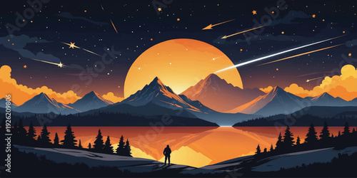 Mountain landscape illustration featuring a lone traveler overlooking a reflective lake beneath a glowing moon and shooting stars, perfect for adventure and inspirational backgrounds.