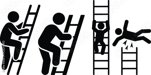 Illustration of various scenarios involving ladders and safety precautions