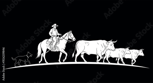 Cowboy riding horse illustration, cattle herding artwork, ranching scene silhouette, western pastoral design, livestock management icon, cowboy dog teamwork graphic