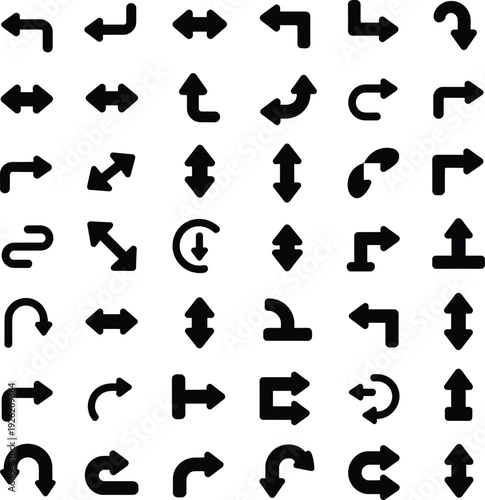 Arrow icons mega set with curved, straight, up and down direction symbols, bold black navigation elements isolated on white background.