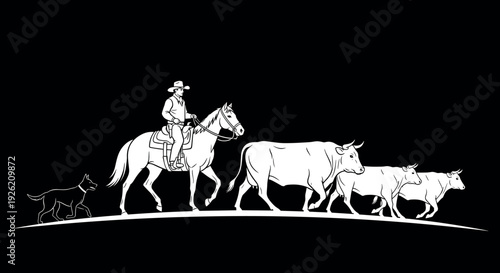 Cowboy riding horse silhouette, cattle herding illustration, ranching scene artwork, western pastoral design, livestock management icon, cowboy dog teamwork graphic