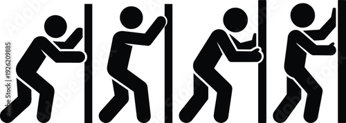 Four people working together to move a large stone block in a sequence of actions