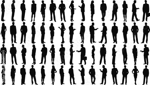 Business people silhouettes collection in various standing poses isolated on white background, corporate professionals teamwork and communication concept.